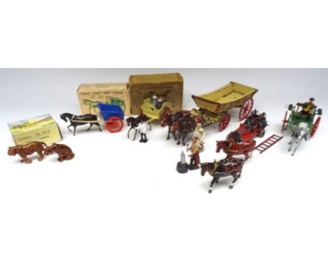 Britains set 5F Farm Waggon with two horses and carter (Condition Good-Fair), 40F Farm Cart, 45F Milk Float and Zoo Picture P