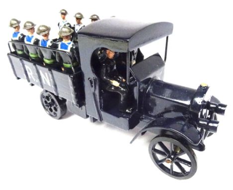 Toy Army Workshop Royal Navy Lorry dark blue finish, with nine seated Sailors in steel helmets and Driver, in original corrug