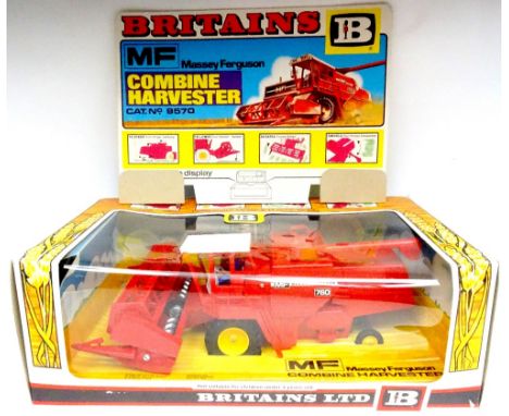 Britains set 9570 Massey Ferguson Combine Harvester Farm Tractor and Implements set 9590 and Vehicles sets 9573, 9580, 9595 a