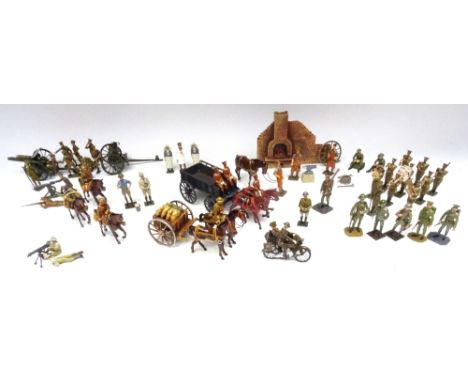 World War I by various makers: Tommy Atkins Forge two horse supply wagon and packhorse, repainted Britains general service su