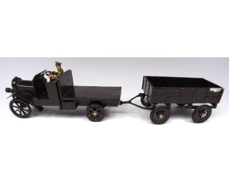 Toy Army Workshop Open Flatbed Lorry with horse trailer dark brown finish, with Driver (Condition Excellent, one paint chip) 