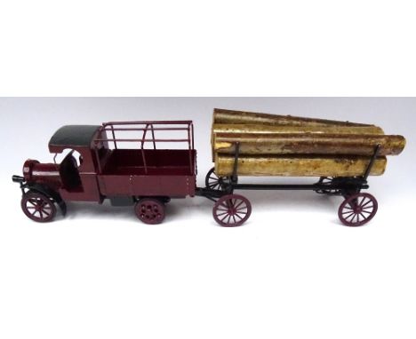 Toy Army Workshop Farm Lorry burgundy finish, with driver, timber trailer and five logs (Condition Excellent) (8)