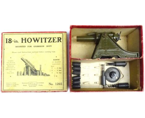 Britains set 1265, 18inch Howitzer, Garrison Mounting khaki finish, with complete set of ammunition in original illustrated b