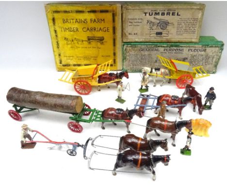 Britains horsedrawn Farm Vehicles and Implements sets 4F Tumbrel with Carter in original box (Condition Good, box Poor), with