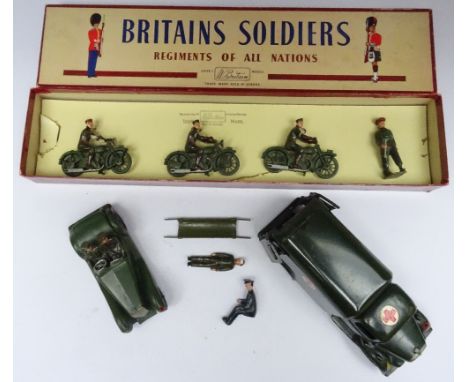 Britains set 1791 Dispatch Riders with walking Officer in original ROAN box, 1448 Staff Car (box torn up), matt green finish 