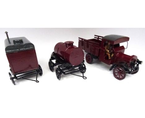 Toy Army Workshop Farm Lorry with driver, tank trailer and hut trailer, burgundy finish, (Condition Excellent) (4)