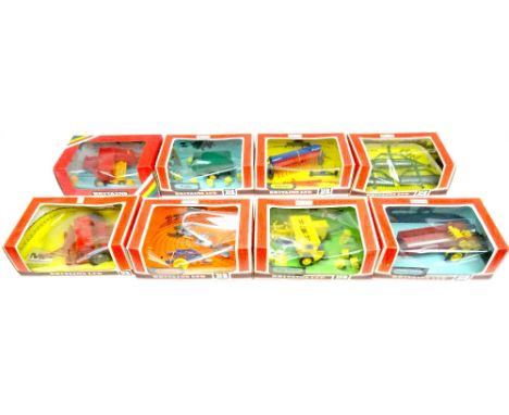 Britains Farm Implements sets 9539, 9540, 9546, 9550, 9554, 9556, 9577, 9579 and 9583 in original window boxes, 9557 Bale Sle
