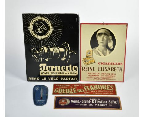 1x Glasplakat "Grundig der gute Klang in aller Welt", 50er Jahre, Nierenform mit Thermometer (funktioniert), 1x Blechschild T