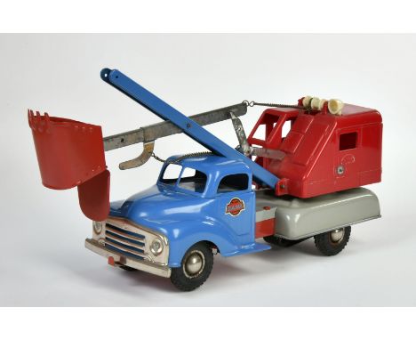 Gama, LKW mit Löffelbaggeraufbau, W.-Germany, 29 cm, Blech, Friktion ok, min. LM, Z 2+