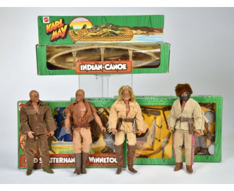 Karl May, Indian Canoe, 4 Figuren, 3x Frontier Gear Outfit Sets, Mattel, teilw. OVP, Z 1