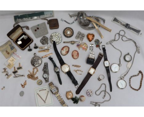 Assorted costume jewellery including a cameo brooch, other brooches, wristwatches etc