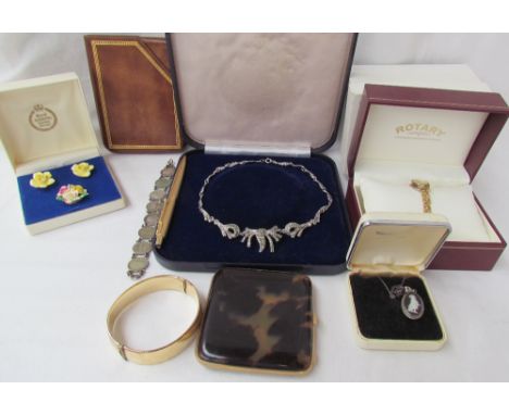 A 9ct gold and tortoiseshell cigarette case together with a marcasite set necklace, Lady's Rotary wristwatch, Royal Adderley 