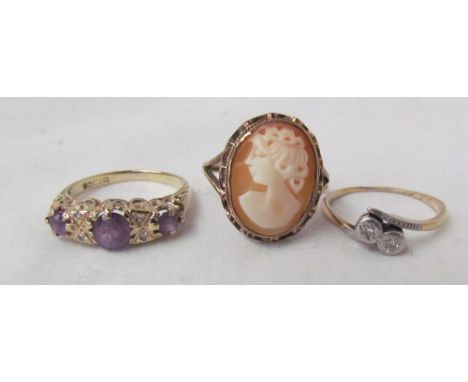 An amethyst and diamond dress ring, to a 9ct yellow gold setting and shank together with a 9ct gold cameo ring and 9ct gold d