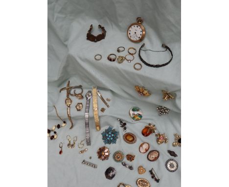 Assorted costume jewellery including an open faced pocket watch, brooches, wristwatches etc