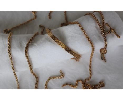 A 9ct yellow gold hinged bangle together with two 9ct gold necklaces, a 9ct gold bracelet and a 9ct gold albert chain approxi