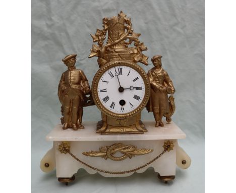A 19th century French, gilt spelter mantle clock, with a ship surmount, the drum shaped movement with an enamel dial with Rom