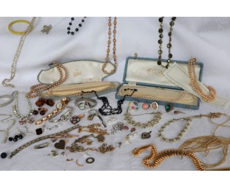 Assorted costume jewellery including earrings, necklaces, cufflinks, bar brooches, faux pearls, bangles, watches, rings etc