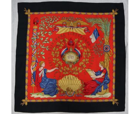 A Hermes silk scarf, decorated to commemorate the French Revolution of 1789, boxed