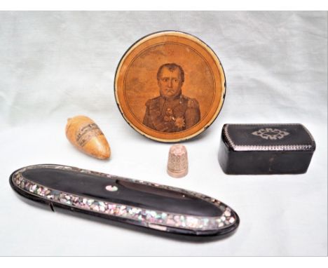 A circular box and cover decorated with a head and shoulders portrait of Napoleon Bonaparte, 8.5cm diameter together with a r