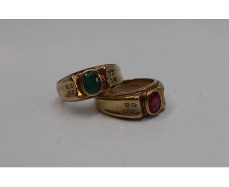 A 9ct yellow gold Gentleman's signet ring, with an oval faceted ruby, the shoulders each set with diamonds, size Y 1/2, toget