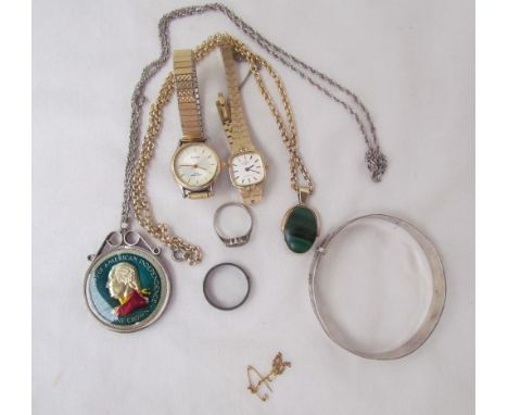 A Lady's Rotary wristwatch, with a silvered dial and batons on a yellow metal strap, together with a 9ct gold mounted malacit