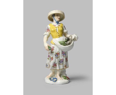 A Meissen figure of a vegetable seller, c.1745-50, modelled by J F Eberlein as a young woman wearing a wide-brimmed straw hat