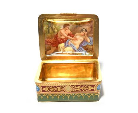 A Vienna snuff box, 19th century, the cover painted with a reclining maiden and Cupid holding a mask, the interior with a Cla