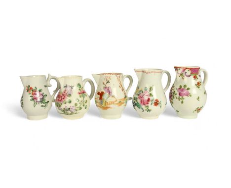 Five English porcelain milk jugs, c.1755-65, one Bow and painted with a peony spray, one Lowestoft and painted with Chinese f