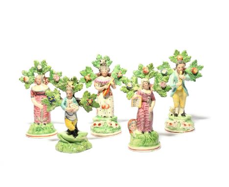 Five small Staffordshire pearlware figures, 1st half 19th century, including a pair of pastoral musicians, playing the lyre a