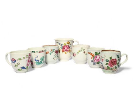 A group of seven English porcelain cups, c.1750-70, including a shaped Worcester cup with wishbone handle, a Bristol cup pain