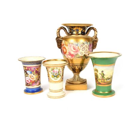 Four English porcelain vases, 19th century, one Miles Mason and painted with flowers on a gold ground between ram mask handle