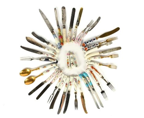 A collection of porcelain handled cutlery, 18th century and later, including a St Cloud knife with a blue lambrequin design, 