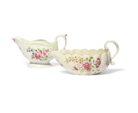 Two English porcelain sauceboats, c.1760-70, one Derby or low lobed form, painted with flower sprays, the other Liverpool wit