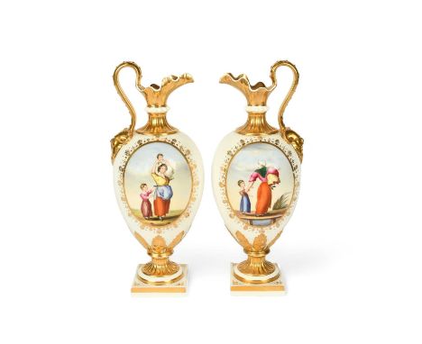 A pair of Bloor Derby ewers, c.1830, of Kedleston ewer form, painted with scenes of figures, one with a man wading through wa