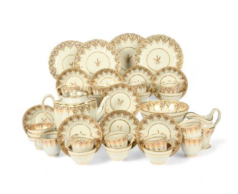 A New Hall part tea service, c.1800, the fluted forms decorated in pattern 83 with small panels of pink roses within gilt fes