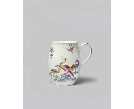 A good Worcester mug, c.1758-60, the barrel body with an everted rim, finely painted with three colourful long-tailed birds w