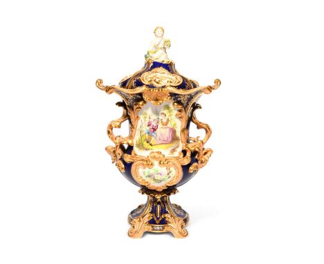 A large English porcelain pot pourri vase and cover, 19th century, painted with a courting couple, the reverse with a landsca