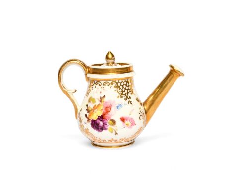 A Spode miniature watering can and cover, c.1820, the pear-shaped body painted with arrangements of flowers within a gilt tre