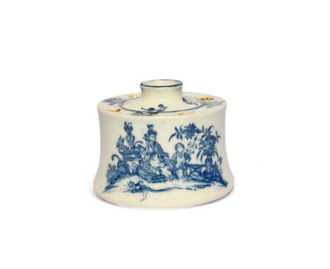 A rare Caughley blue and white inkwell and liner, c.1775-80, of capstan shape, printed with the Bell Toy pattern, the reverse