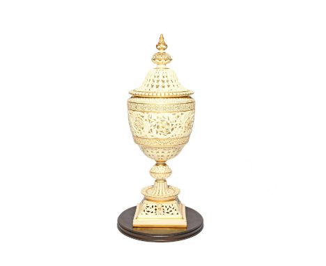 A good and large Grainger's Worcester reticulated vase and cover, date code for 1893, the U-shaped body finely pierced with a