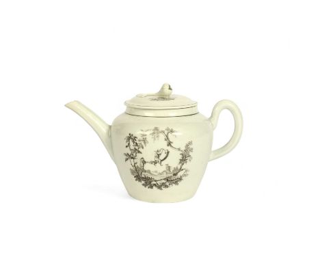 A Worcester teapot and cover, c.1756-58, printed in black with Les Garçons Chinois and a scene of a figure fishing from a tal