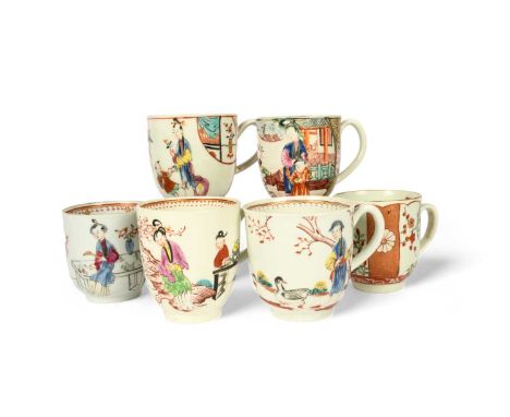 Six English porcelain coffee cups, 2nd half 18th century, including Worcester and Liverpool, five decorated with scenes of Ch
