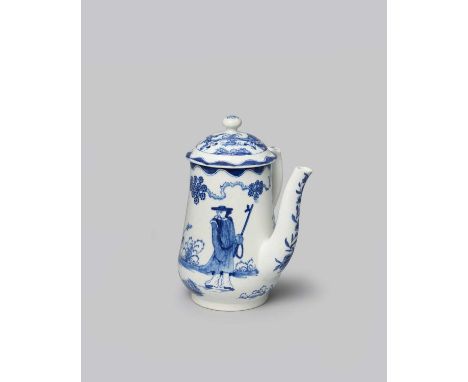 A Bow blue and white chocolate pot and cover, c.1760, painted with the Golfer and Caddy pattern, a Chinese boy carrying rolle