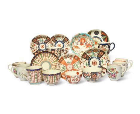 A collection of English porcelain teawares, c.1765-80, mostly Worcester, including a Warmstry-fluted teabowl and saucer in th