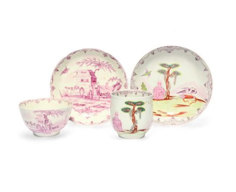 A good Worcester teabowl and saucer, c.1758-60, of hexafoil shape, finely painted in puce monochrome with two Chinese figures