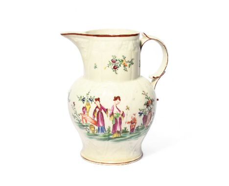 A New Hall style cabbage leaf jug, late 18th/early 19th century, painted in polychrome enamels with Chinese figures including