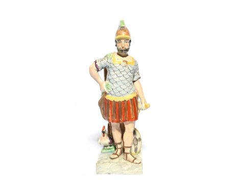 A Lakin & Poole (Staffordshire) figure of Mars, c.1800, wearing a plumed helmet and resting his right hand on his hip, a cock
