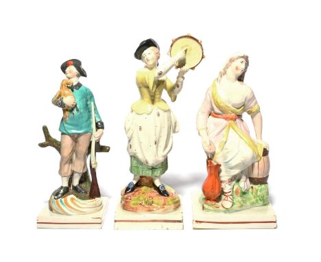 Three large Staffordshire pearlware figures, c.1810-20, one of the Italian Farmer, wearing a turquoise jacket and holding a d