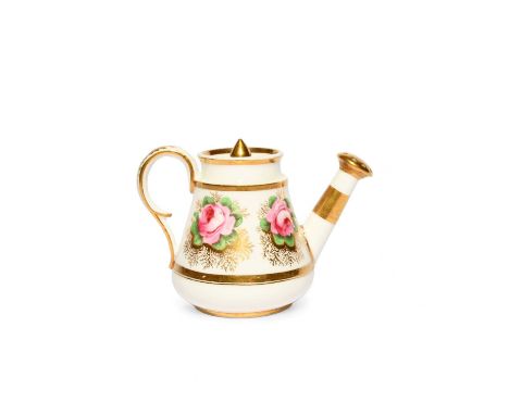 A miniature Spode watering can and cover, c.1820, decorated in pattern 2812 with pink roses on a gilt tendril ground, iron re