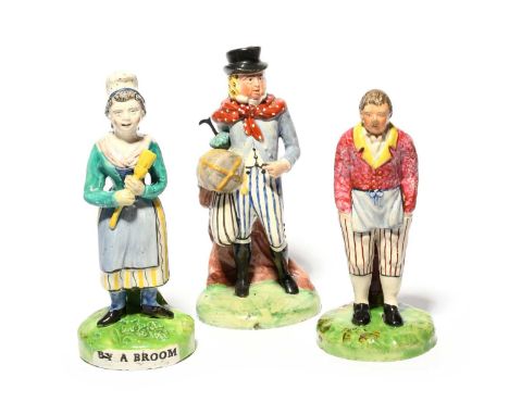 Three Staffordshire theatrical figures, c.1820-30, two of the actor John Liston, one in his role as Lubin Log, the other as S